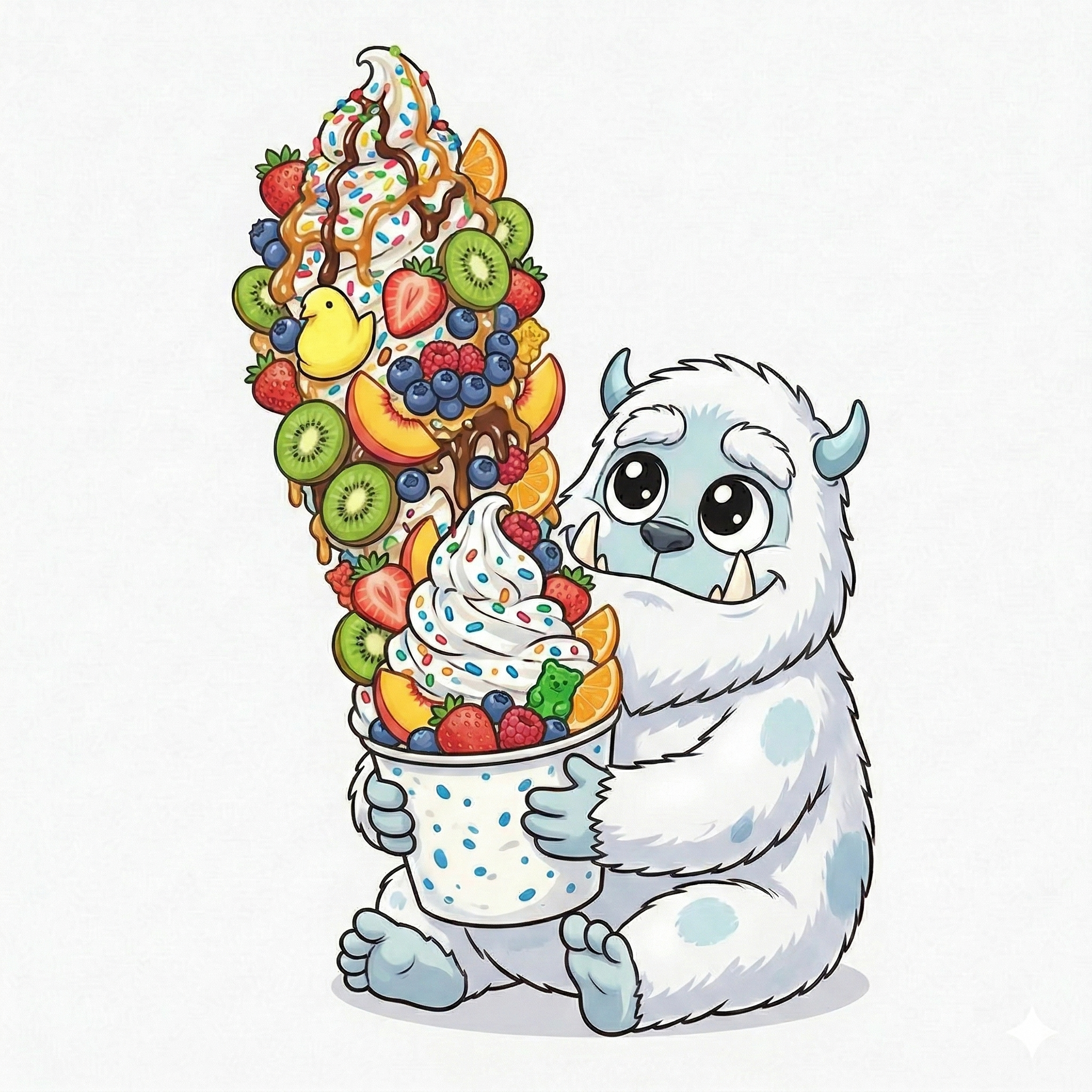 Mascota Abominable con un vaso helado enorme lleno de toppings